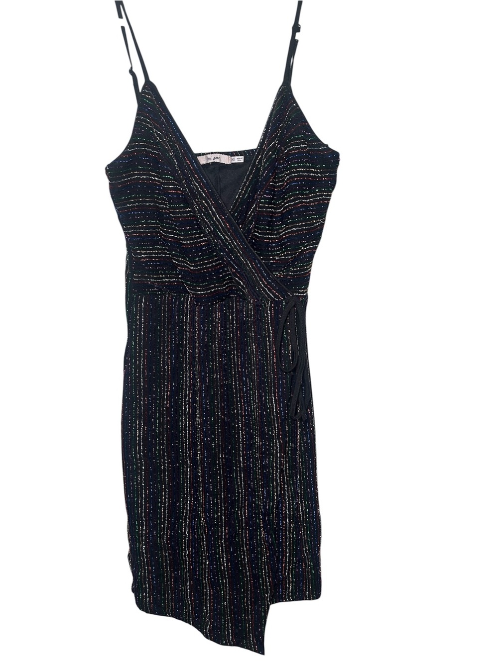 MI Ami Black Red Silver Blue Sparkle Wrap Midi Dress Adjustable Straps Holiday